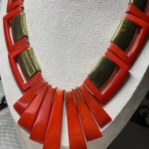Vintage Dyed Red Buffalo Horn & Bronze Statement Bib Necklace 18” Tribal Boho